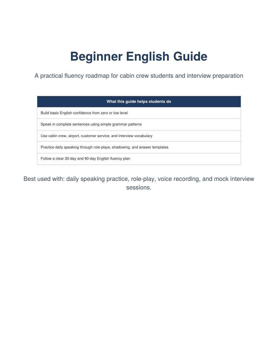 Beginner English Guide for Cabin Crew Students — cover preview